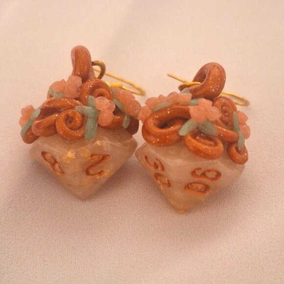Artisan Handmade DnD D100 Dice Resin Earrings with Polymer Clay Flower Swirls - Picture 1 of 4